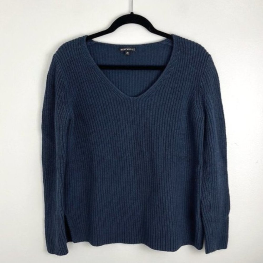 J. Crew Mercantile Blue V-Neck Shaker Knit Sweater